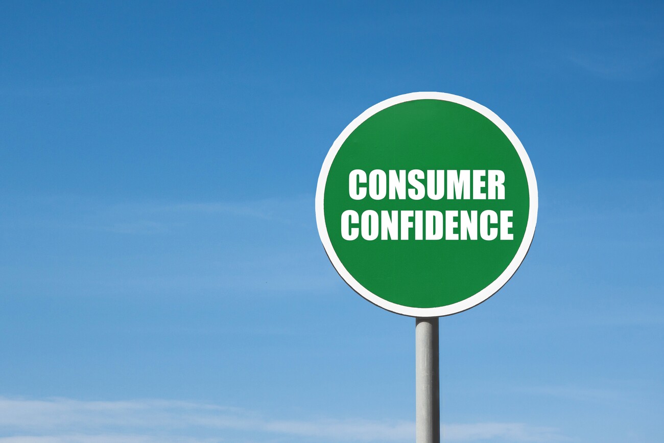 'Consumer confidence' sign in green frame. Blue sky is on background; Shutterstock ID 2142918545